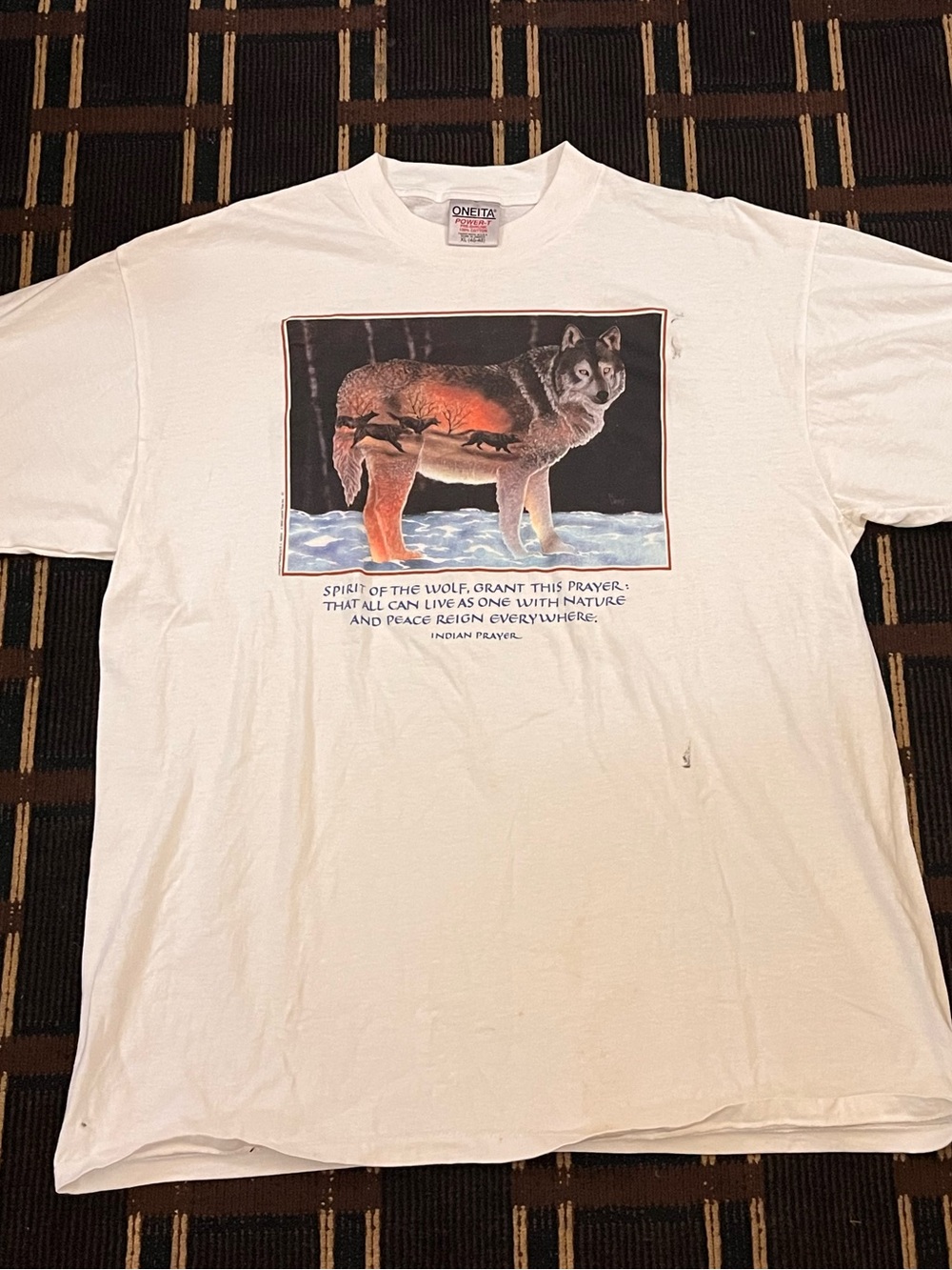Vintage 90’s Oneita Tshirt XL Wolf Picture Art Indian Prayer White Short Unisex